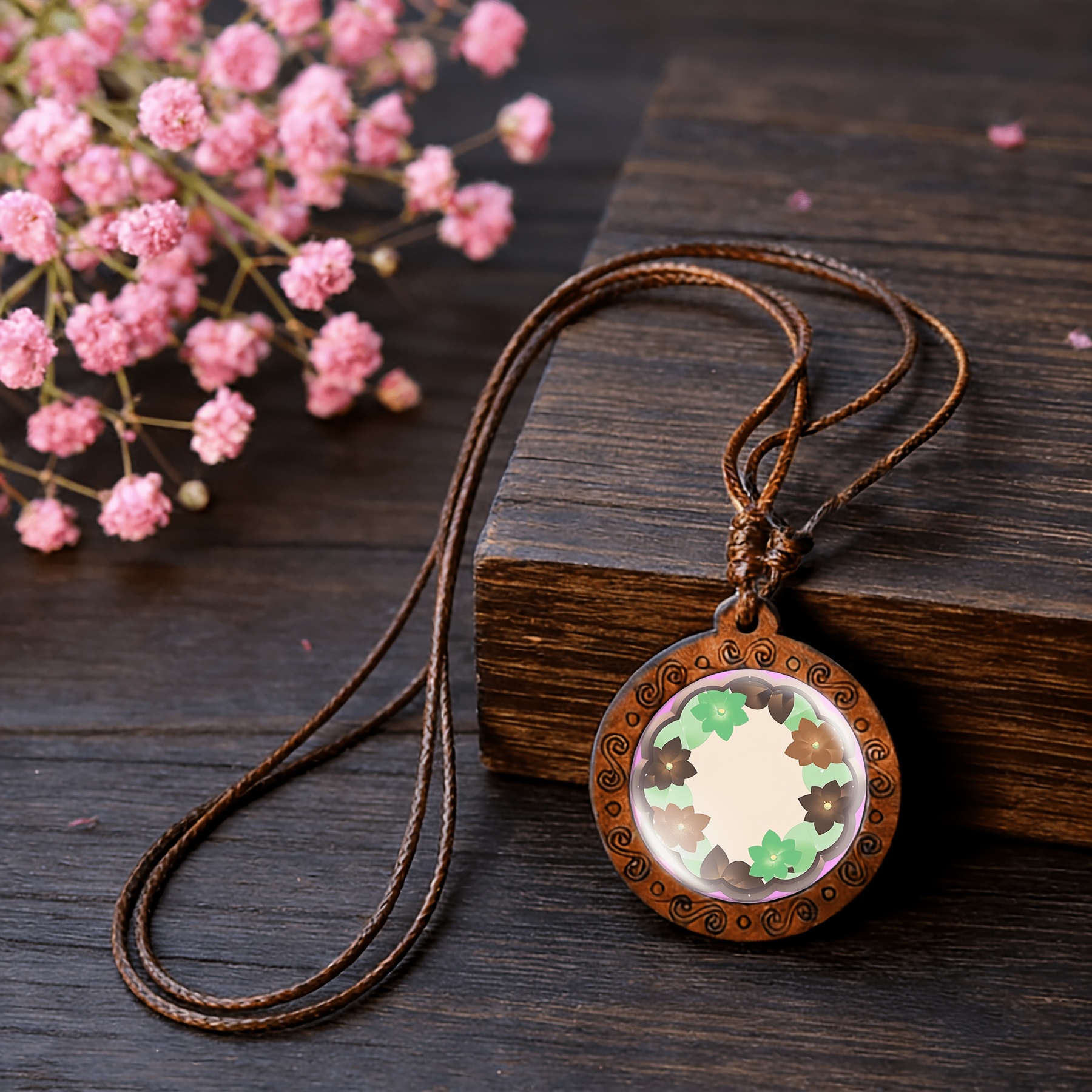 Handmade Circular Flower Wooden Pendant Necklace